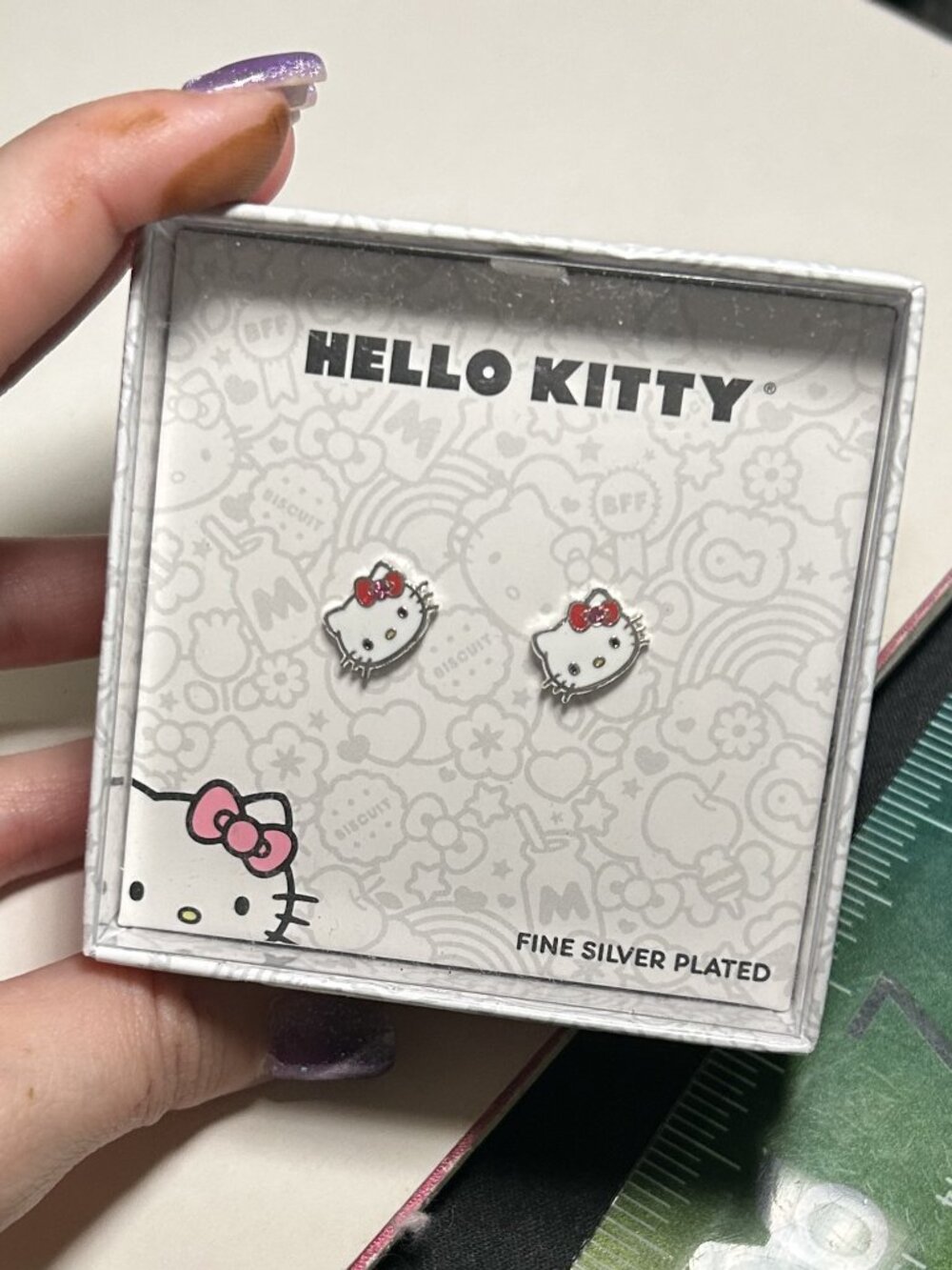 Sanrio Hello Kitty Fine Silver Plated Red Bow Enamel Stud Earrings NIB